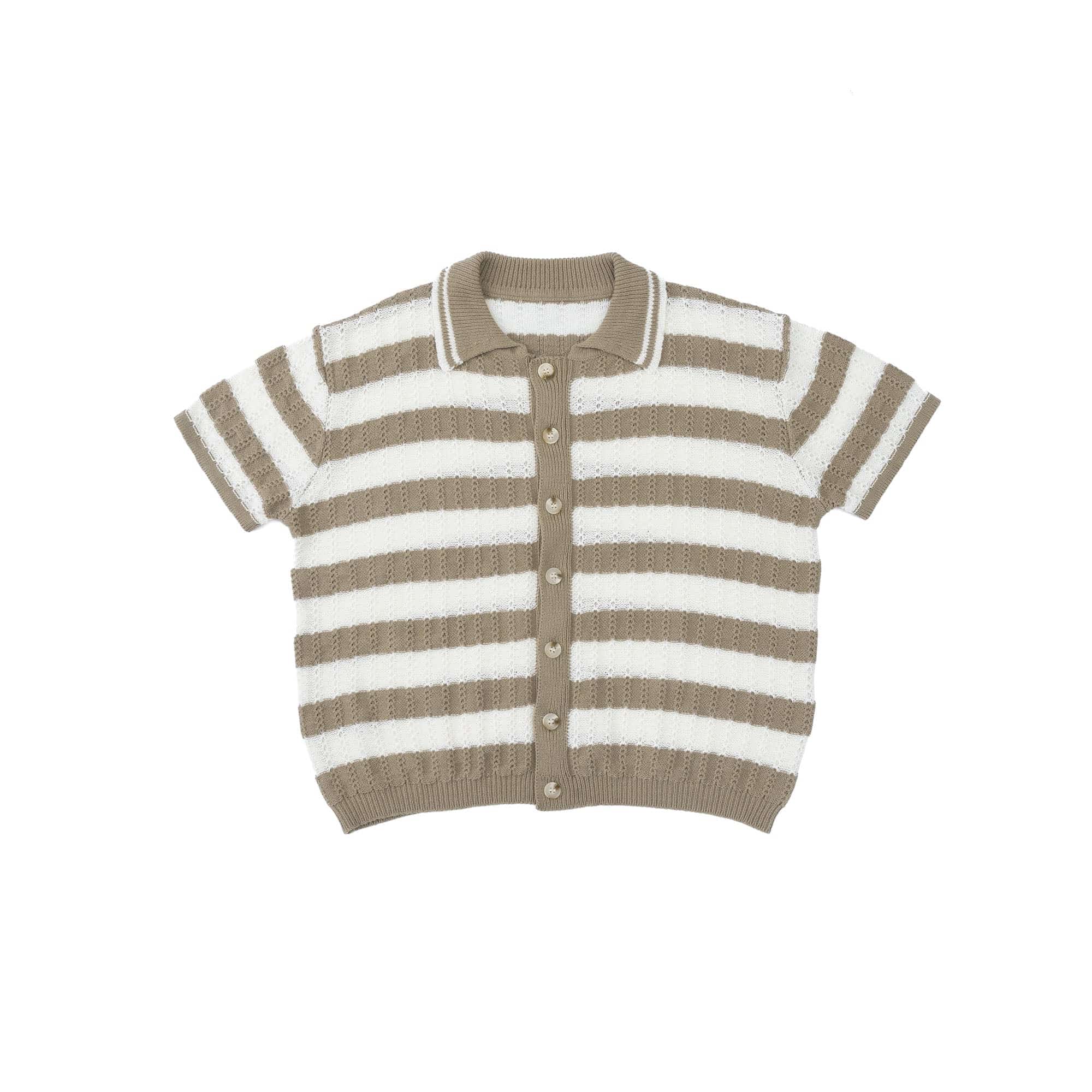 IN EXISTENCE Striped Openwork Jacquard Knitted Polo Cardigan