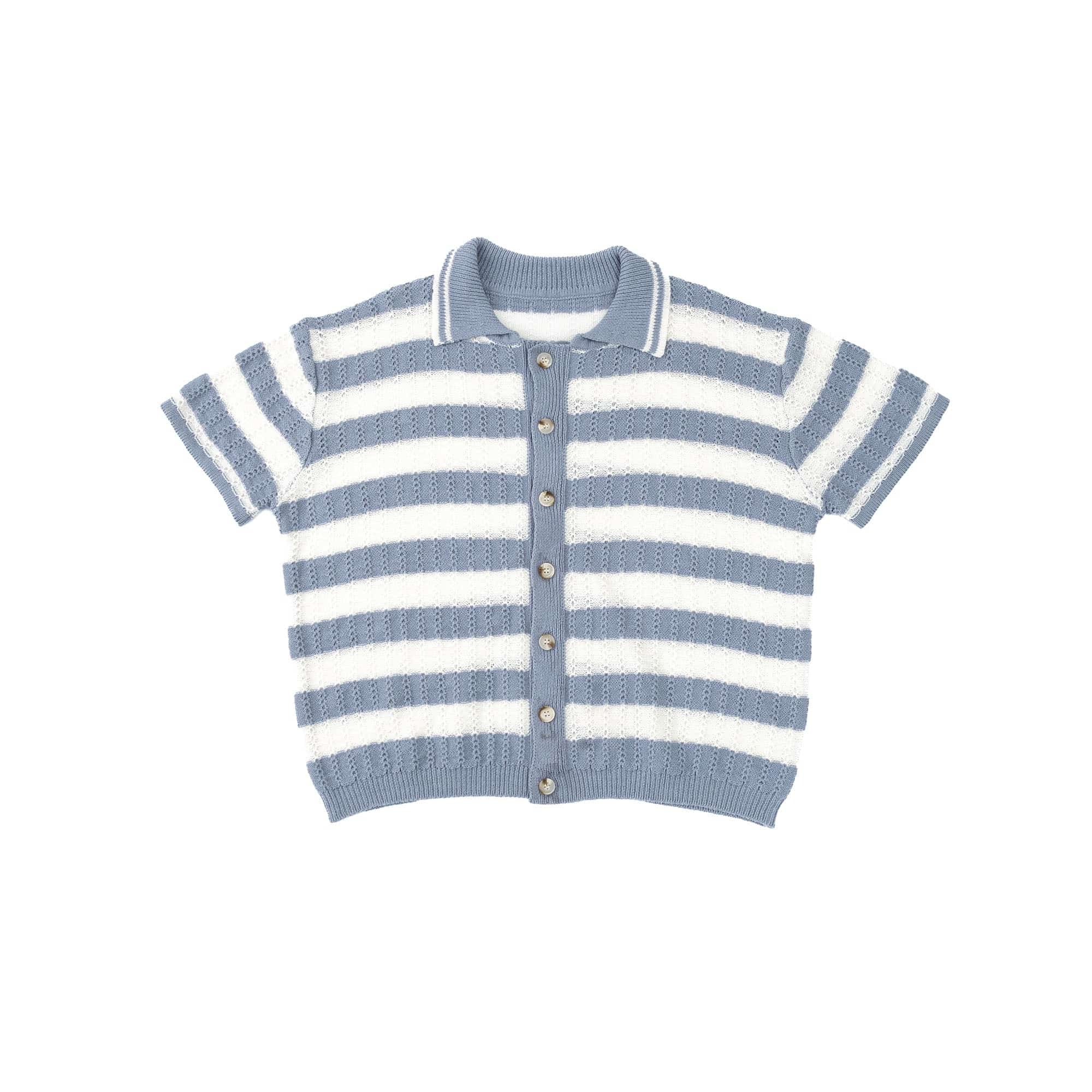 IN EXISTENCE Striped Openwork Jacquard Knitted Polo Cardigan