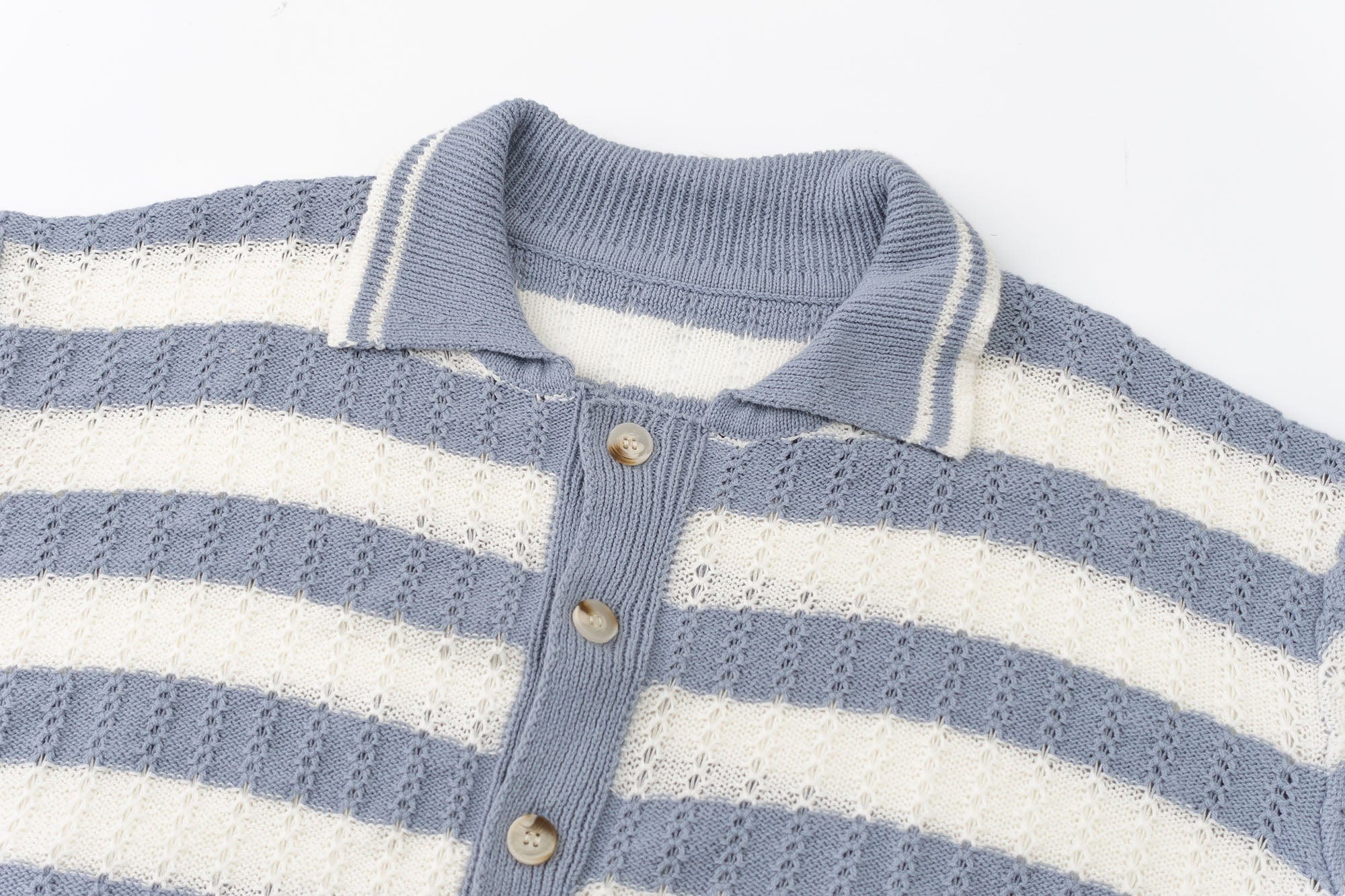 IN EXISTENCE Striped Openwork Jacquard Knitted Polo Cardigan