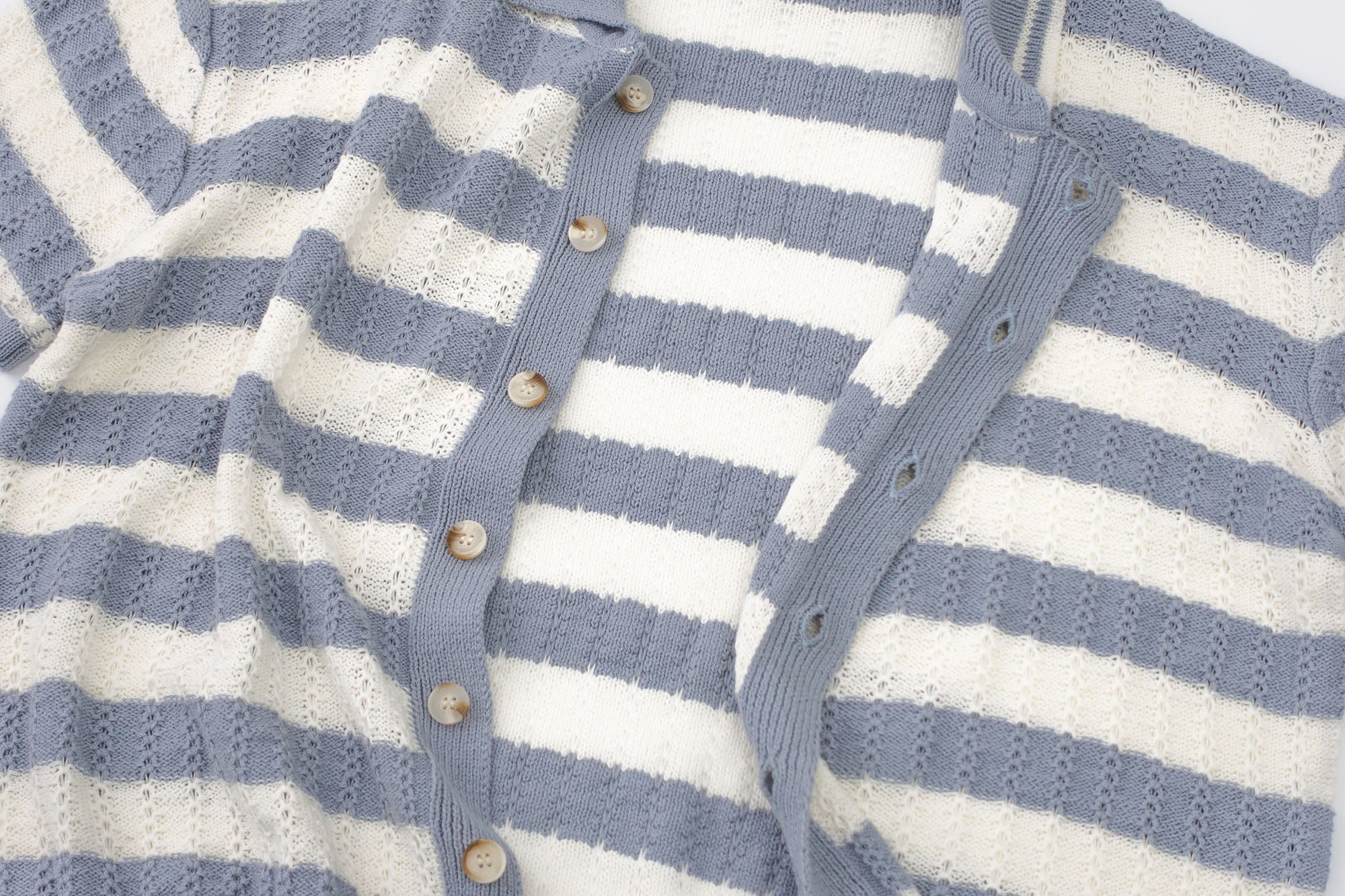 IN EXISTENCE Striped Openwork Jacquard Knitted Polo Cardigan