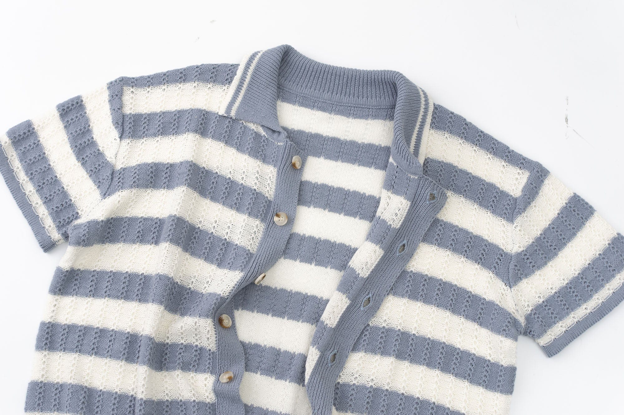 IN EXISTENCE Striped Openwork Jacquard Knitted Polo Cardigan