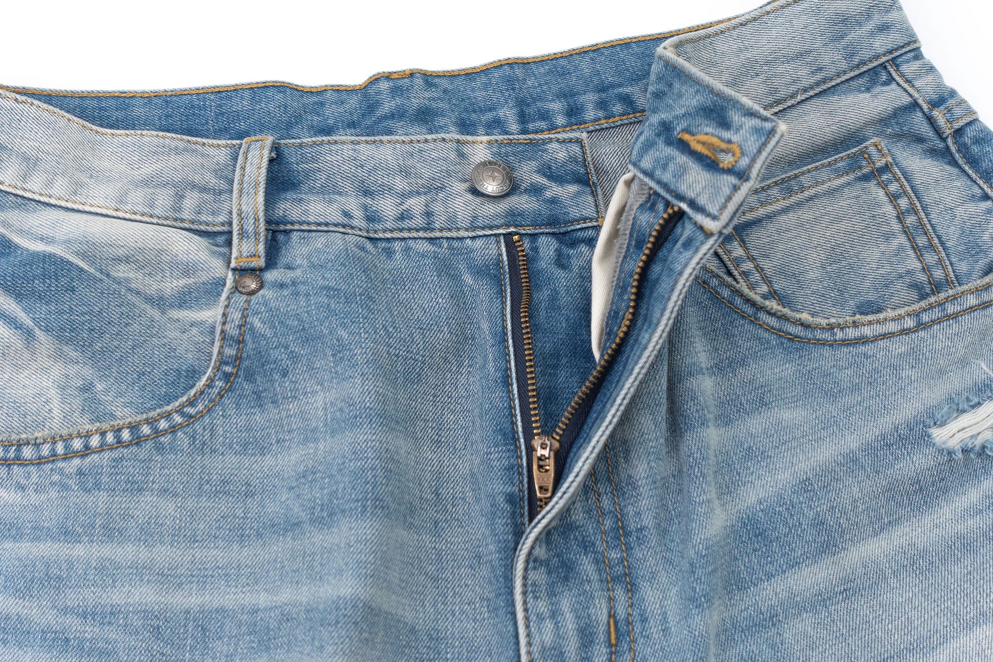 IN EXISTENCE Distressed Patchwork Creased Washed Wide-Leg Jeans