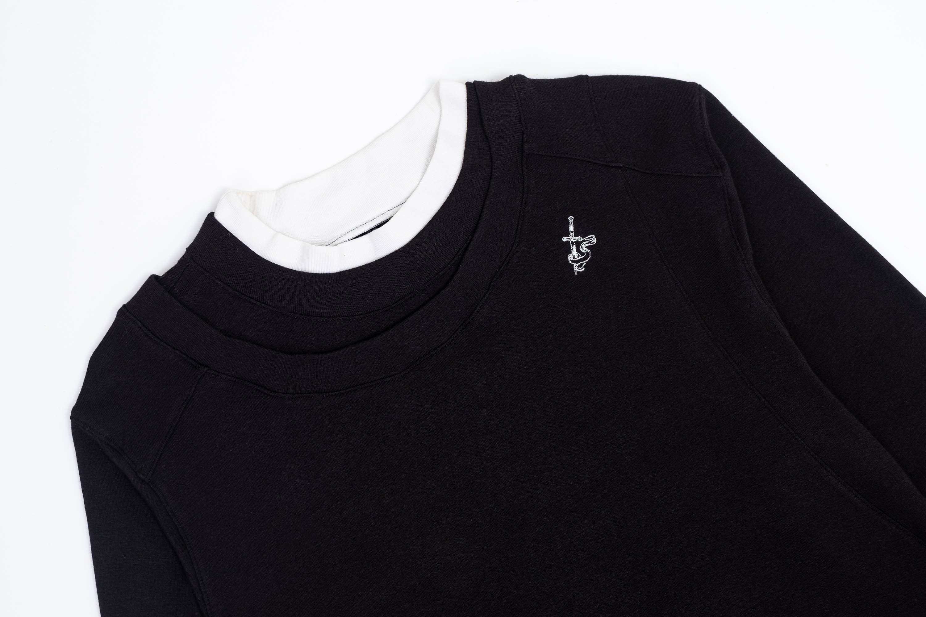IN EXISTENCE Layered Asymmetrical Neck Embroidered Long-Sleeve Tee