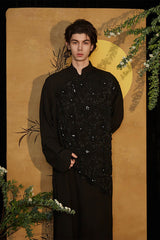 JIECHI Asymmetrical Beaded Embroidered Layered Mandarin Collar Coat