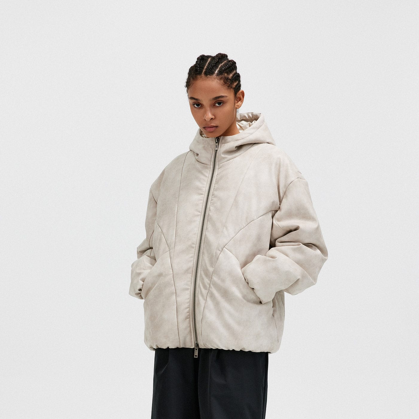 BONELESS Spliced Faux Leather Cotton Padded Jacket