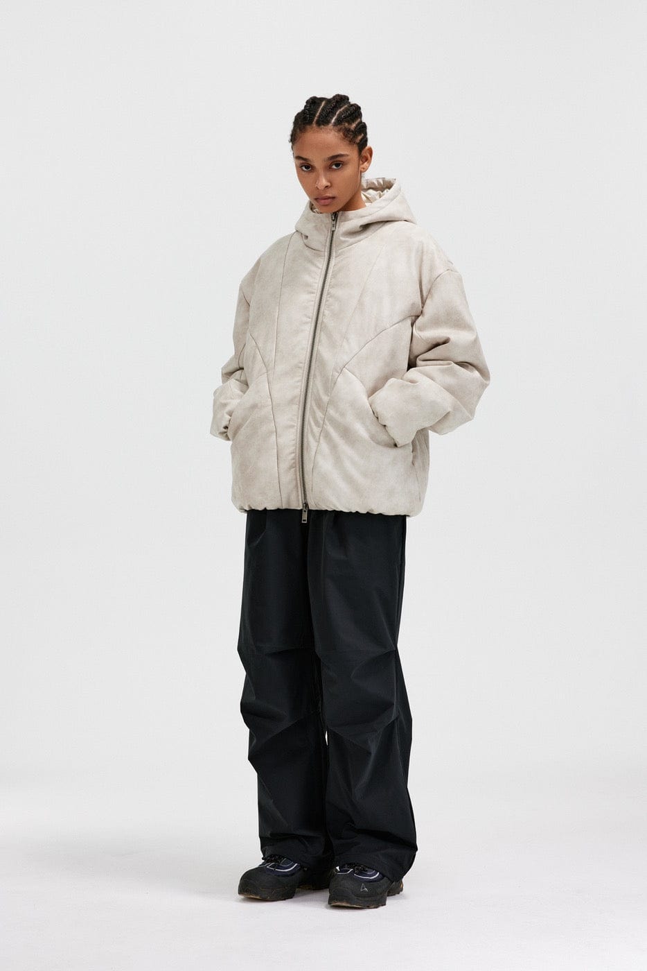 BONELESS Spliced Faux Leather Cotton Padded Jacket