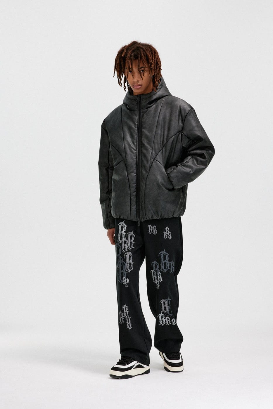 BONELESS Spliced Faux Leather Cotton Padded Jacket