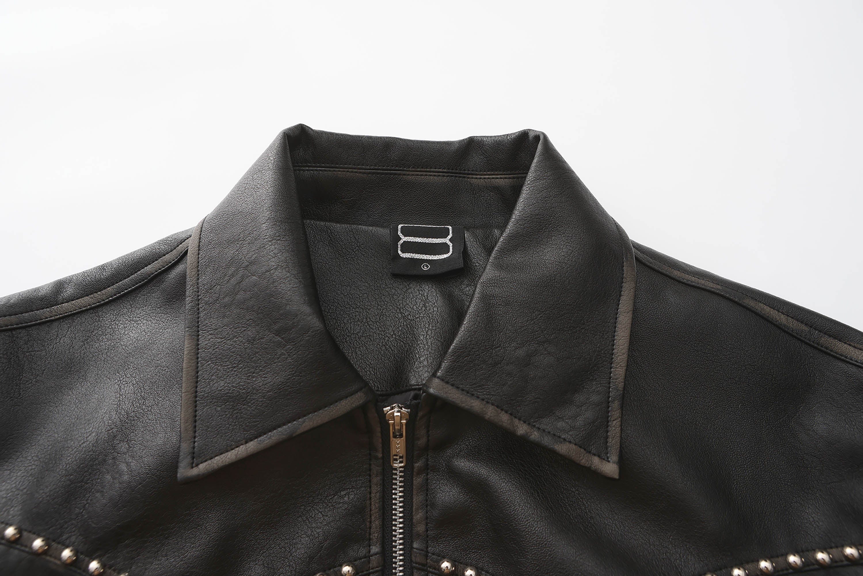 BLACK8MOB Distressed Graphics Faded Studded Leather Jacket