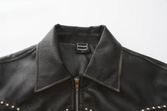 BLACK8MOB Distressed Graphics Faded Studded Leather Jacket