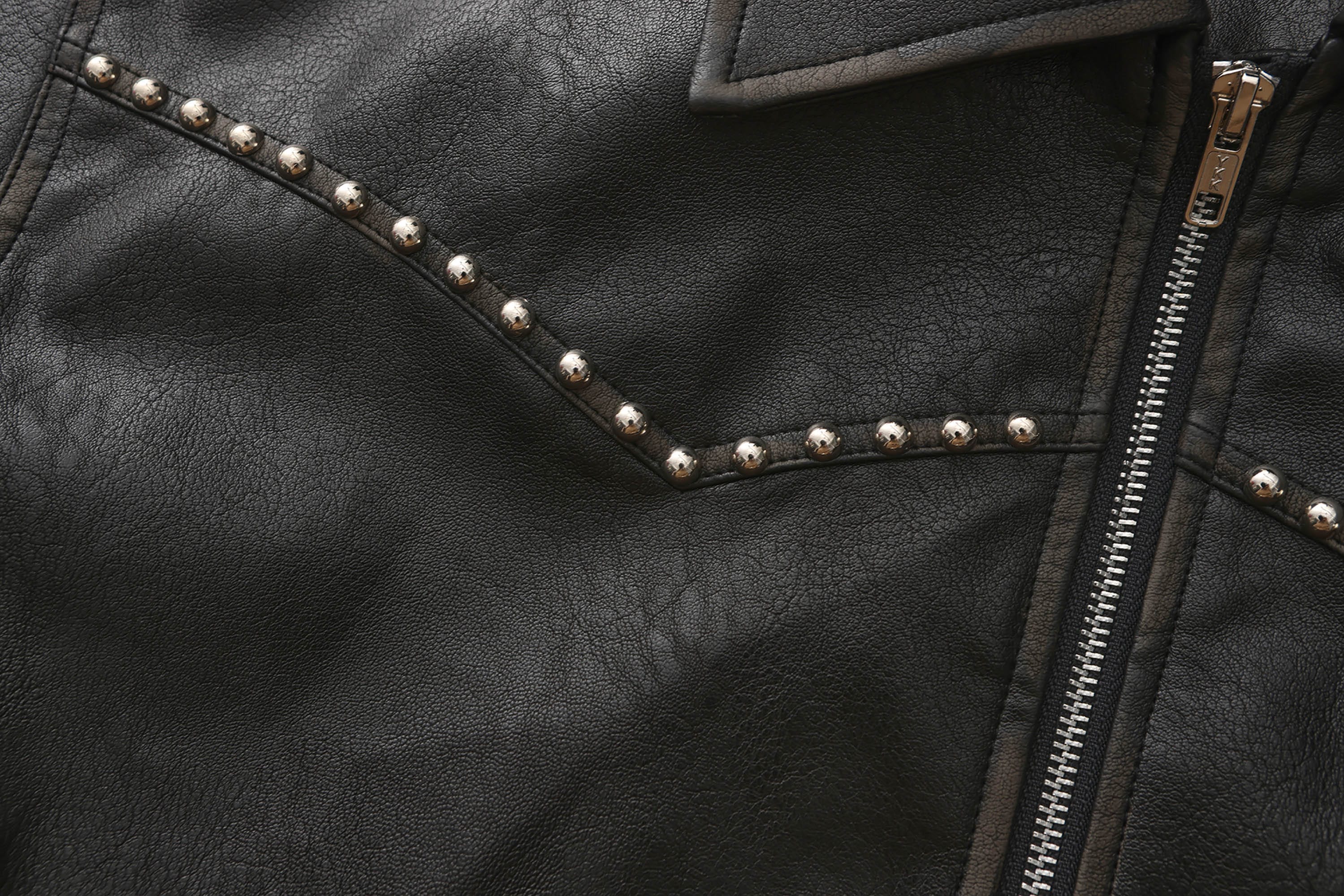 BLACK8MOB Distressed Graphics Faded Studded Leather Jacket