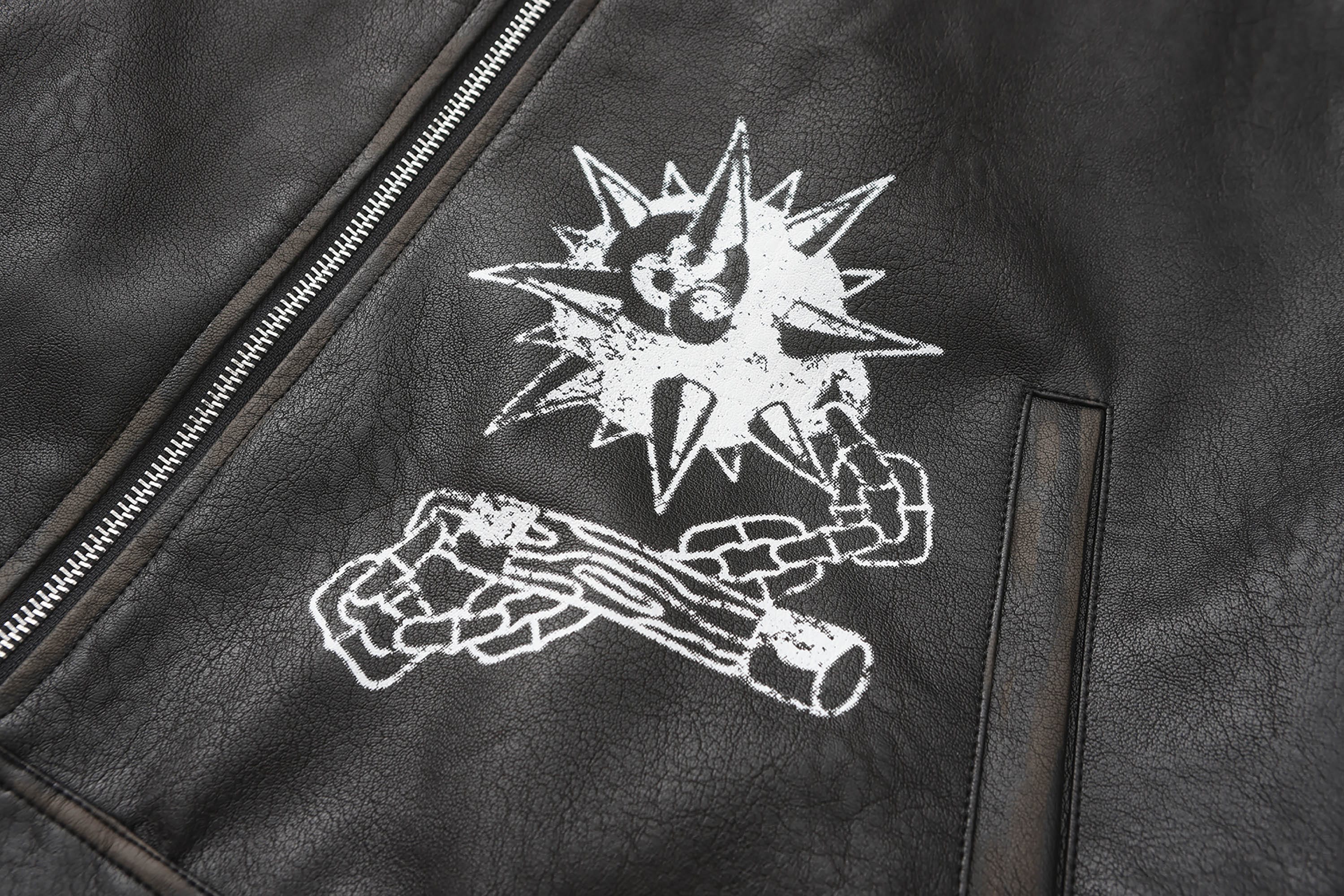 BLACK8MOB Distressed Graphics Faded Studded Leather Jacket