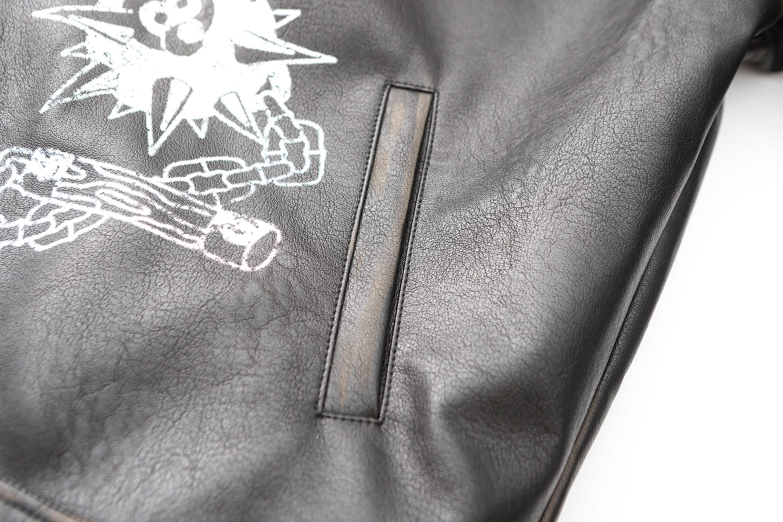 BLACK8MOB Distressed Graphics Faded Studded Leather Jacket