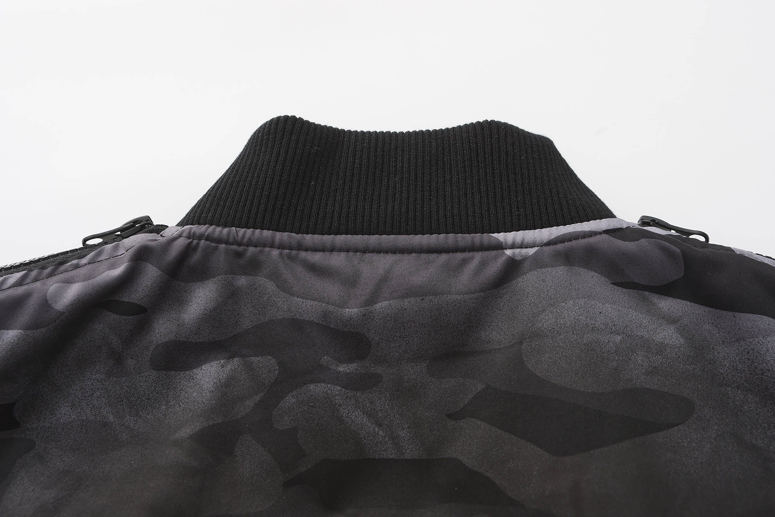 BLACK8MOB Retro Distressed Camo Panel Bomber Jacket
