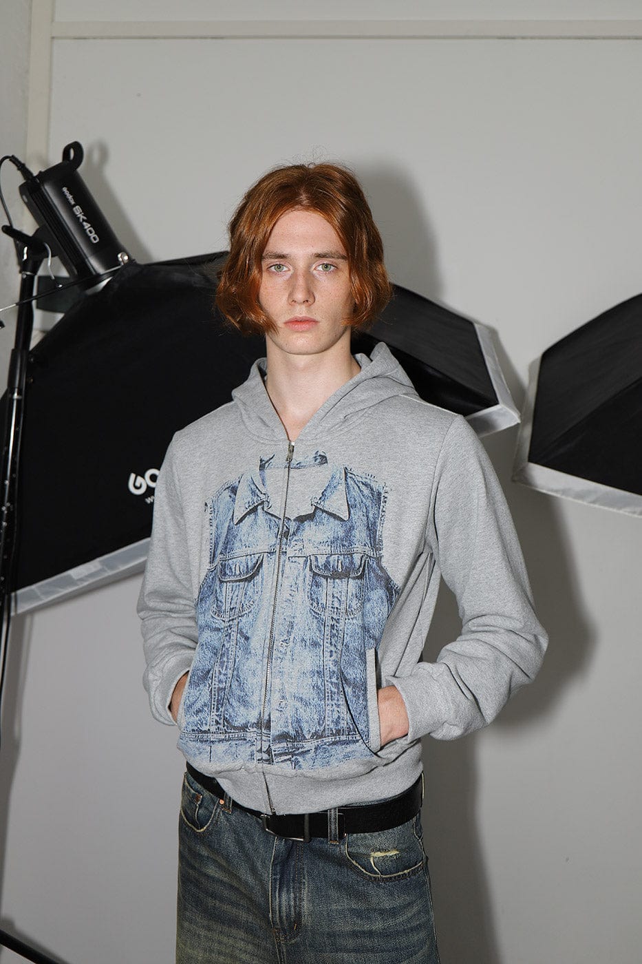 LEONSENSE Denim Print Zip-Up Hoodie