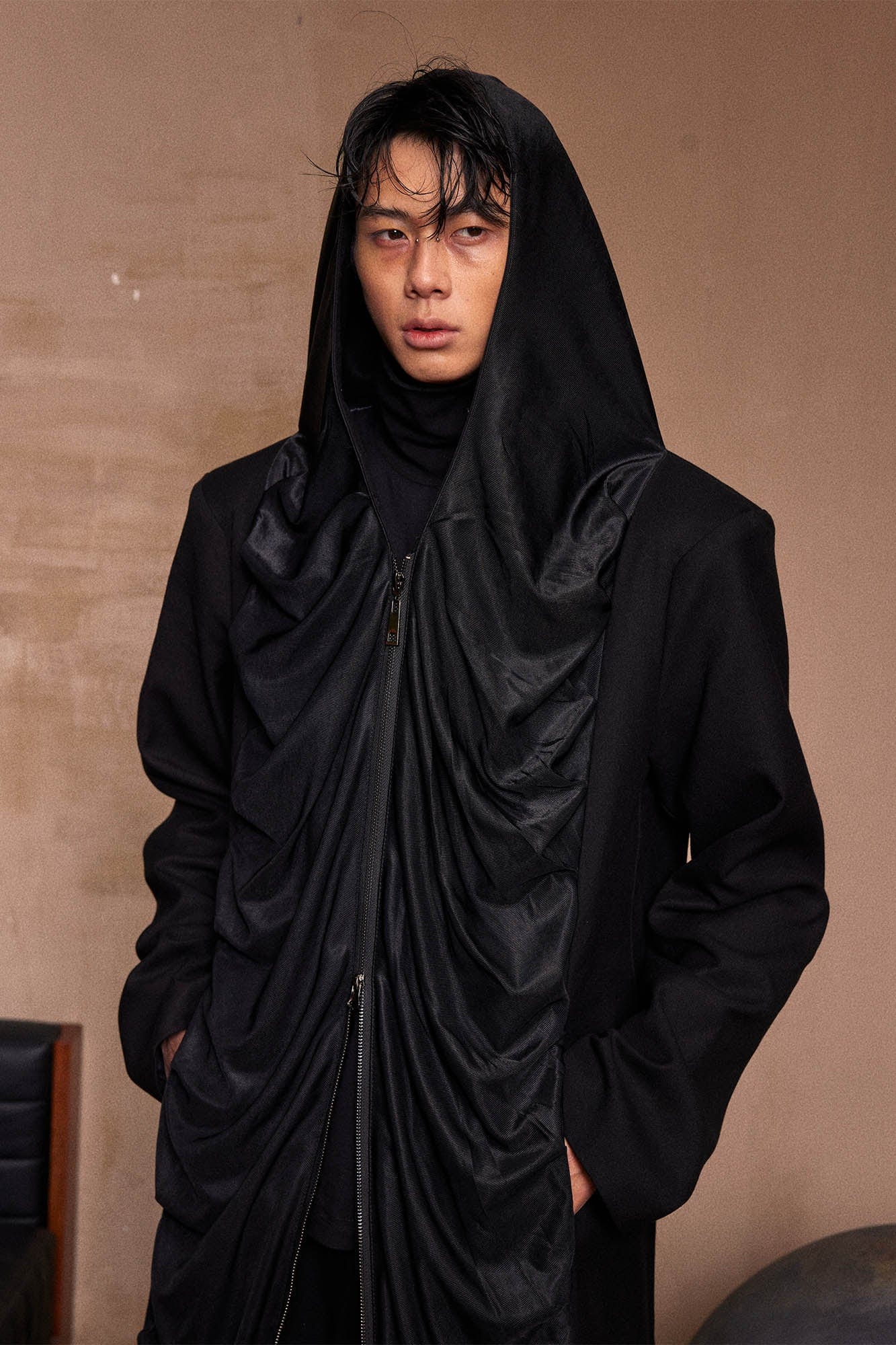 KADAKADA Crinkled Hooded Longline Trench Coat