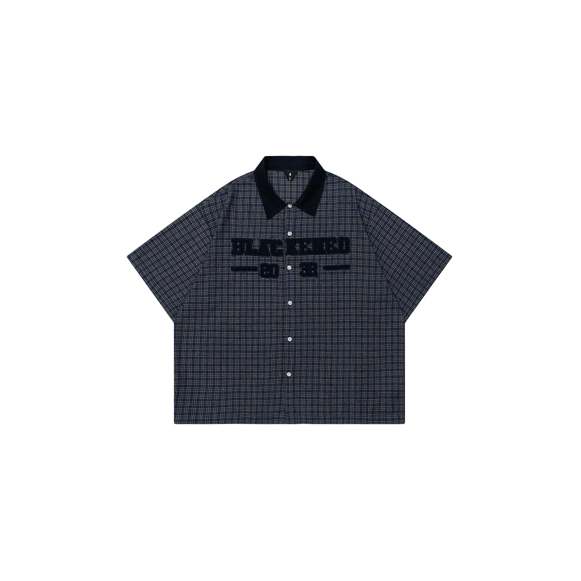 OVDY Raw-Edge Patchwork Graphic Plaid Half Shirt