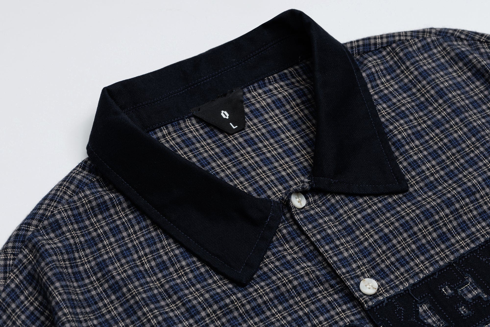 OVDY Raw-Edge Patchwork Graphic Plaid Half Shirt