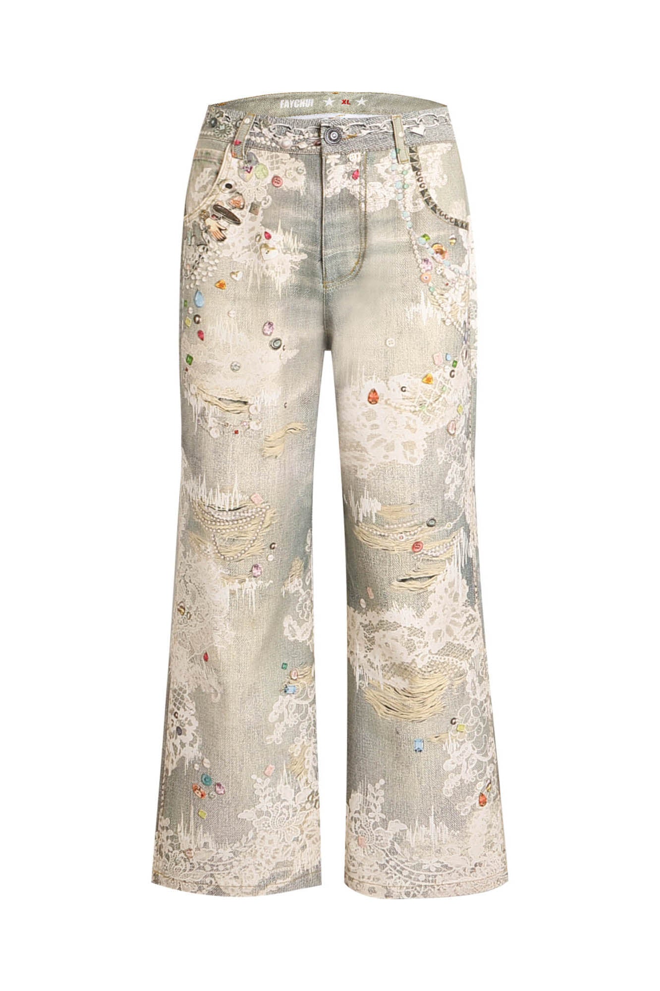 DND4DES×Faychui Distressed Gem&Lace Jeans