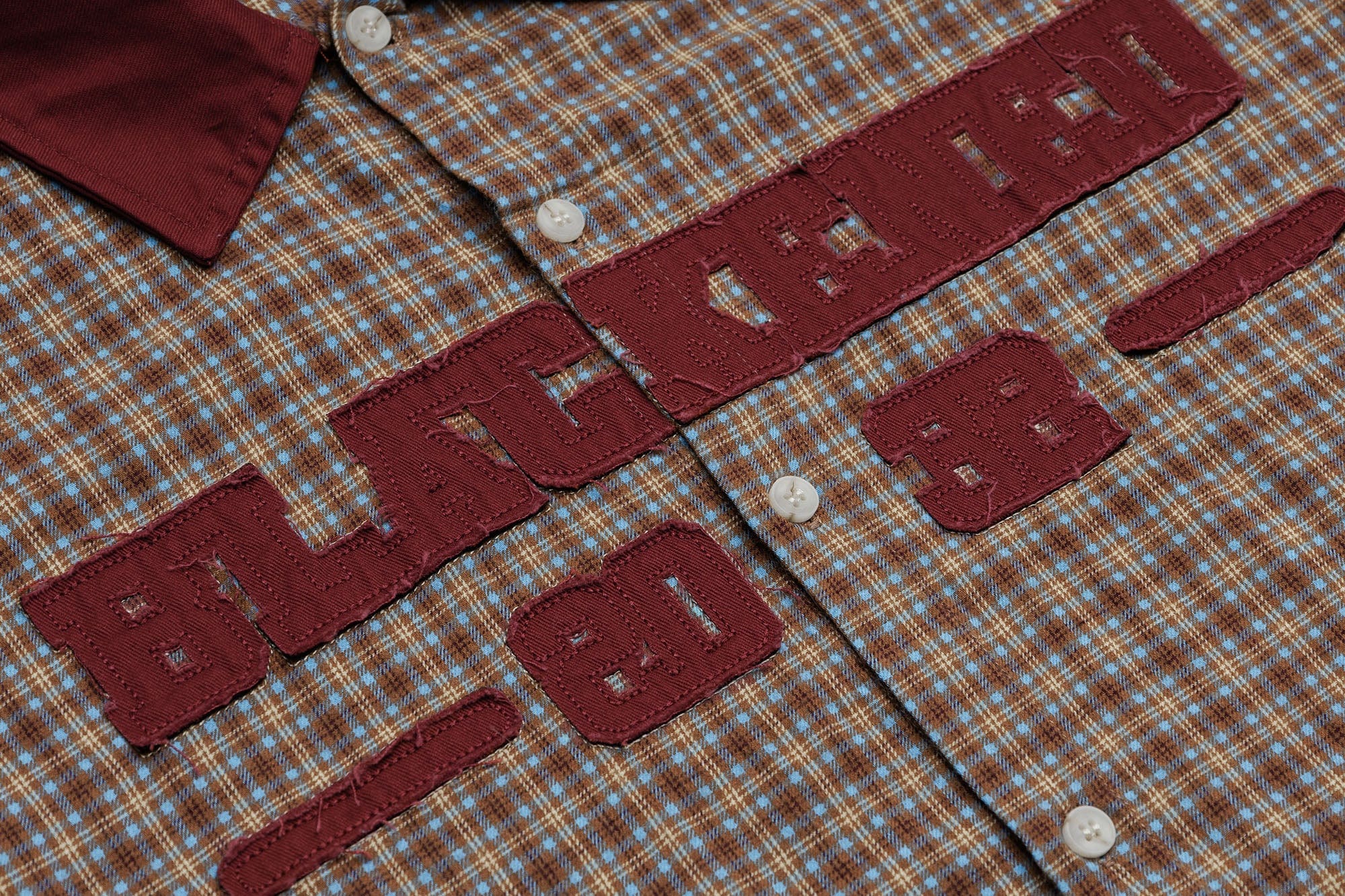 OVDY Raw-Edge Patchwork Graphic Plaid Half Shirt