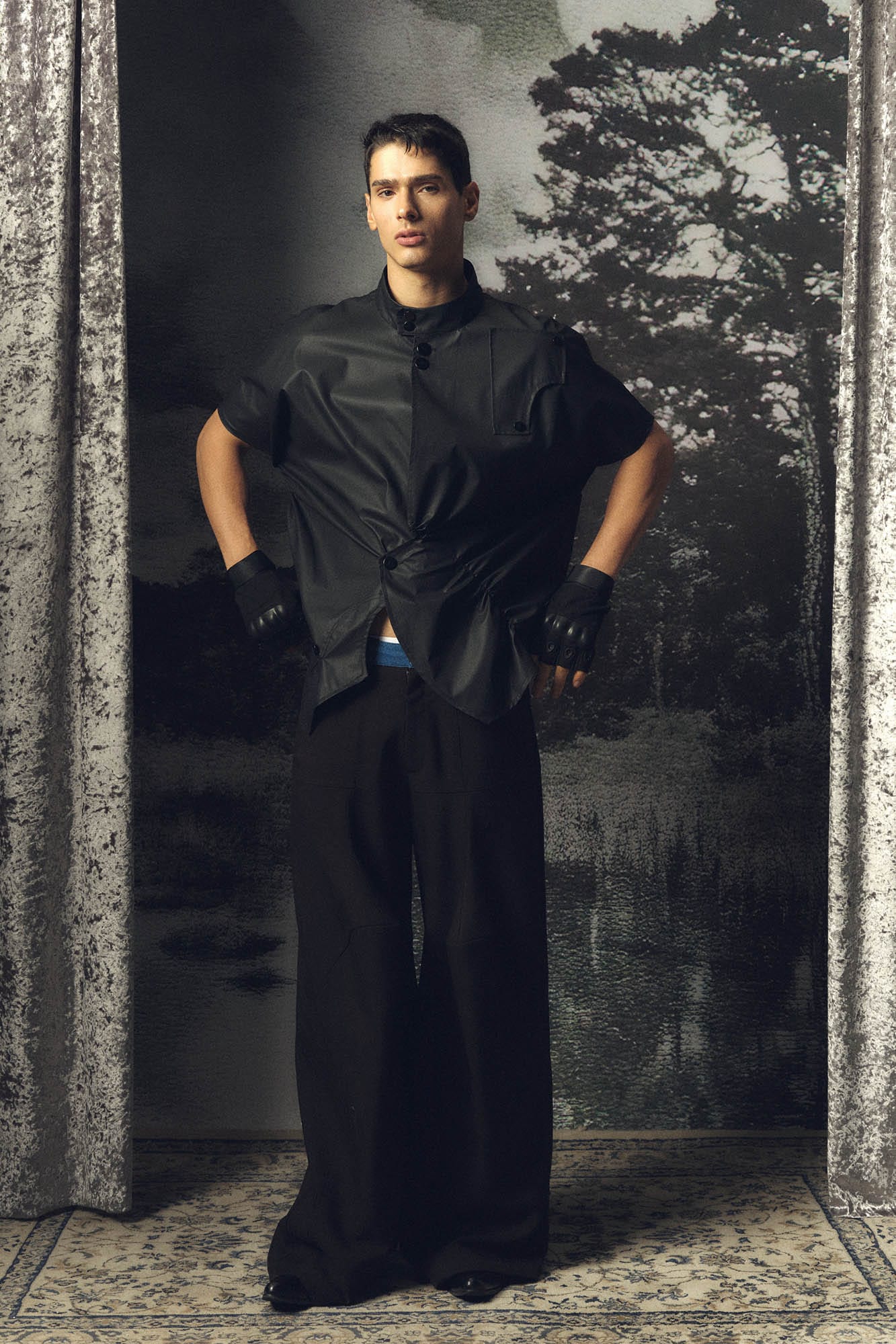 KADAKADA Asymmetrical Pleated Faux Leather Half Shirt