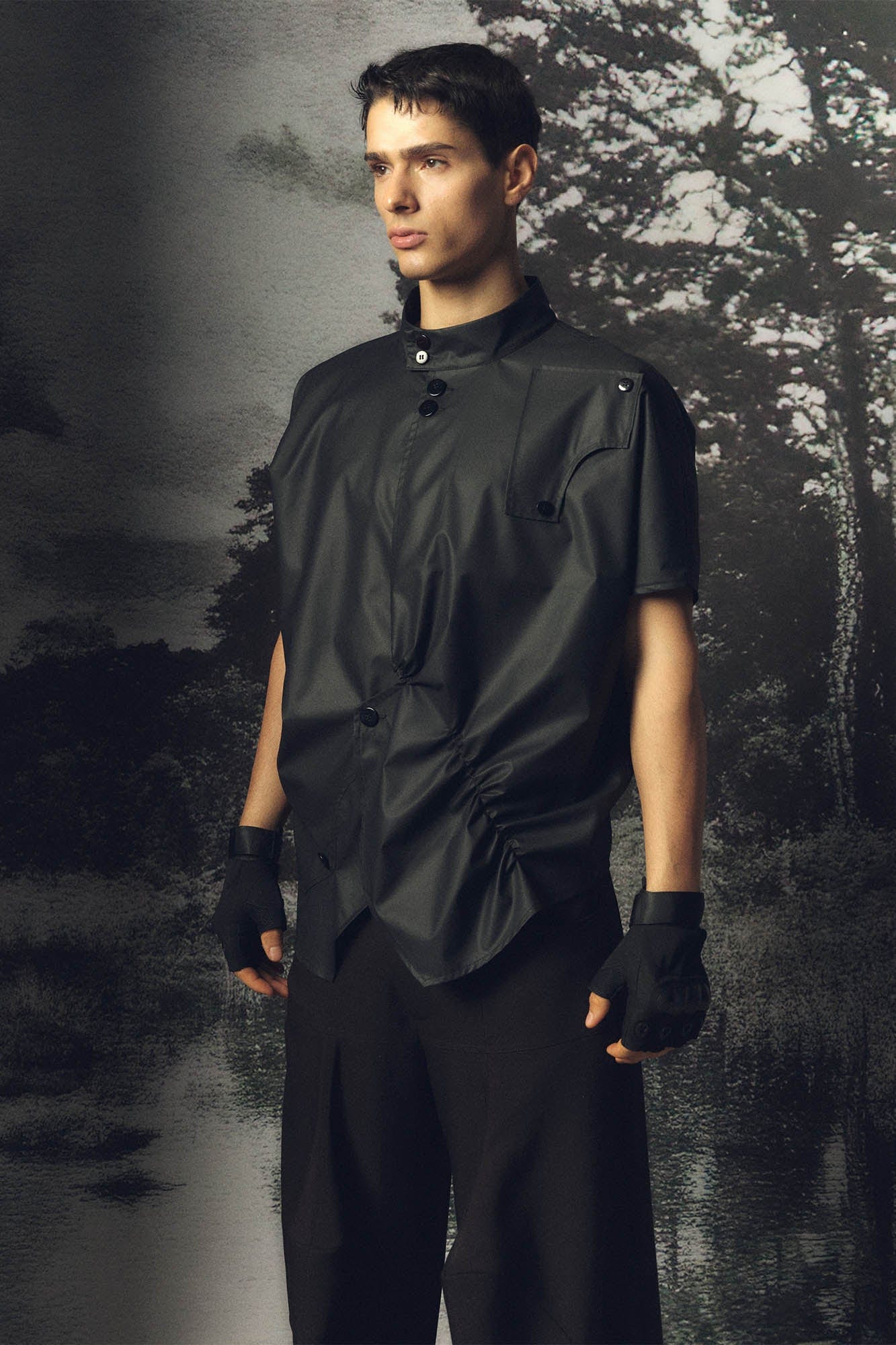 KADAKADA Asymmetrical Pleated Faux Leather Half Shirt