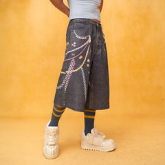 CLP Beaded Chain Graphics Wide-Leg Denim Shorts