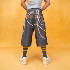 CLP Beaded Chain Graphics Wide-Leg Denim Shorts