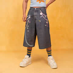 CLP Beaded Chain Graphics Wide-Leg Denim Shorts