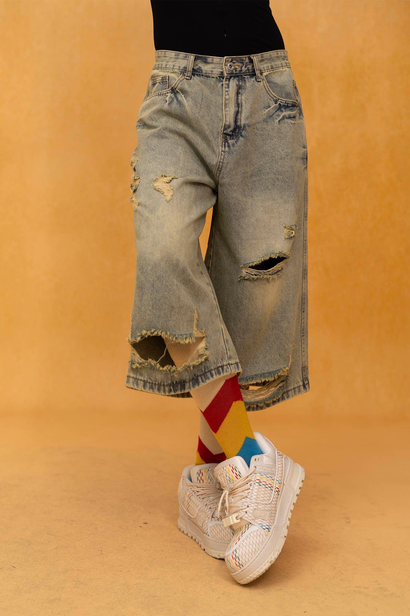 CLP Washed Ripped Knee-Length Denim Shorts