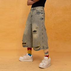 CLP Washed Ripped Knee-Length Denim Shorts
