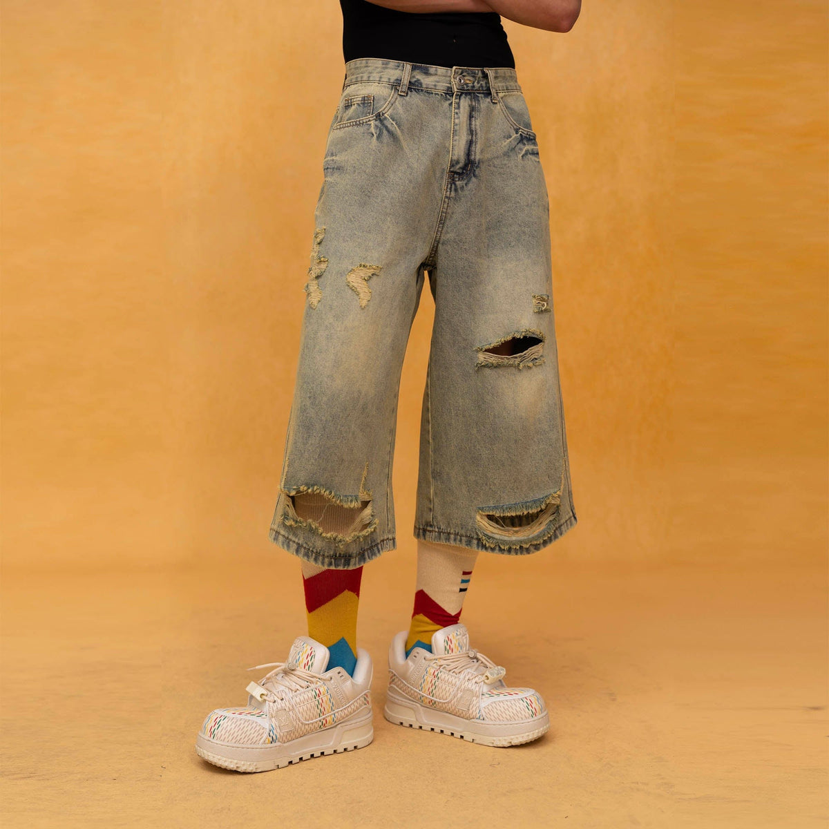 CLP Washed Ripped Knee-Length Denim Shorts