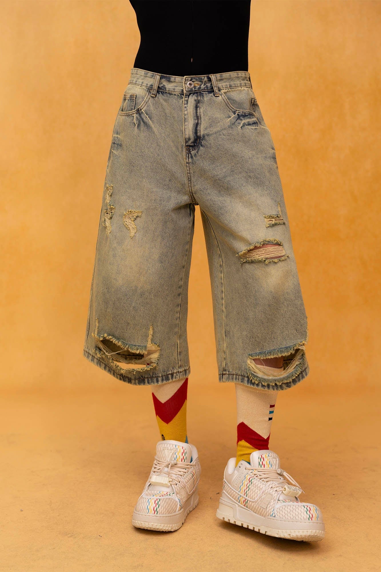 CLP Washed Ripped Knee-Length Denim Shorts