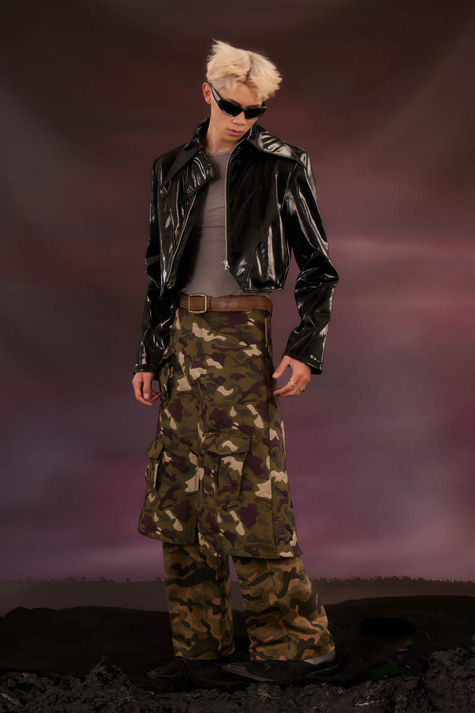 KADAKADA Dinosaur-Camo Embossed Multi-Pocket Skirt Pants