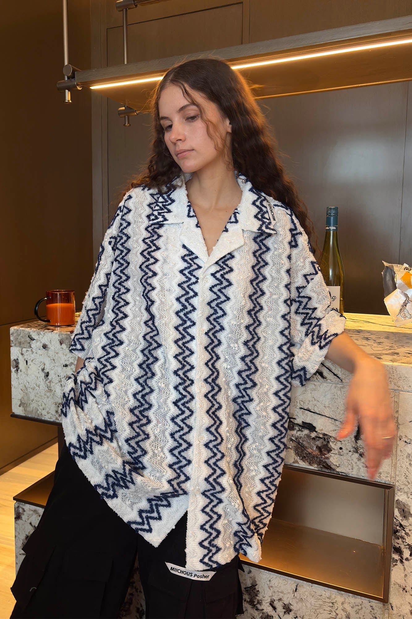 MIICHOUS Geometric Ripple Jacquard Oversized Half Shirt