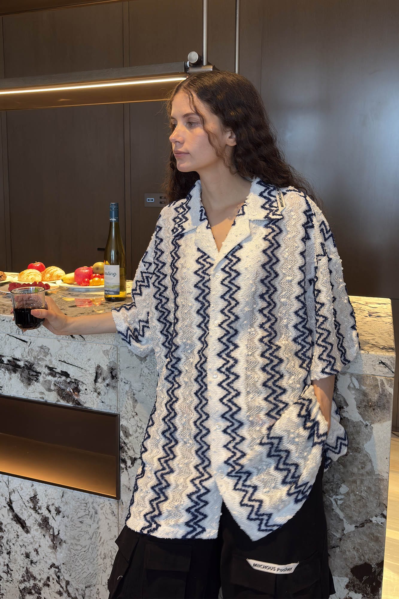 MIICHOUS Geometric Ripple Jacquard Oversized Half Shirt