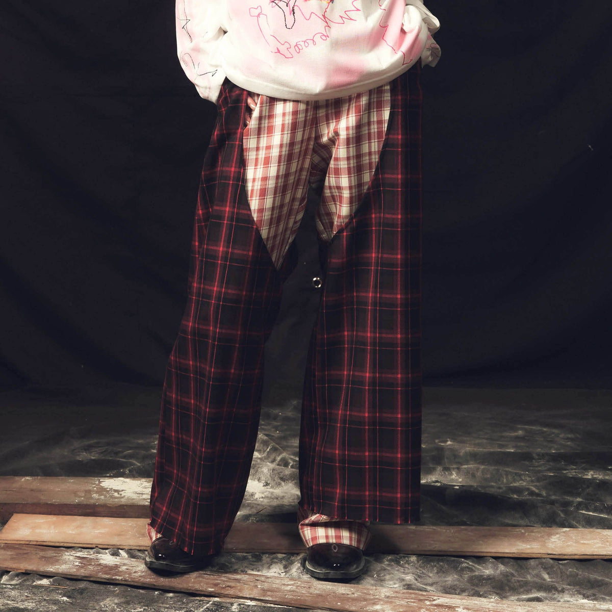 KADAKADA Double Layer Plaid Wide-Leg Pants