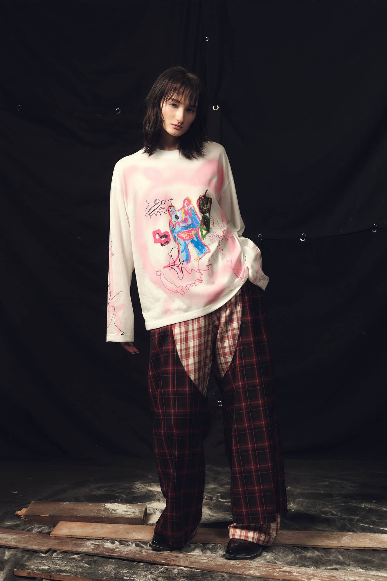KADAKADA Double Layer Plaid Wide-Leg Pants