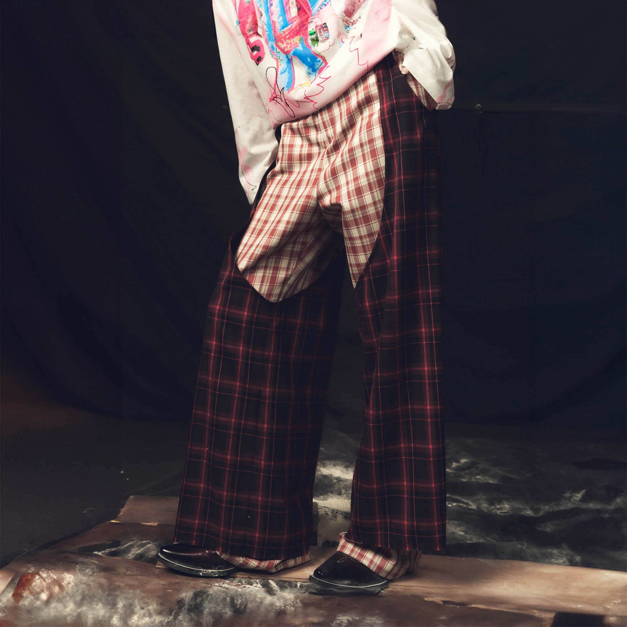 KADAKADA Double Layer Plaid Wide-Leg Pants