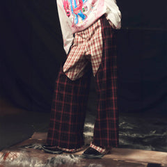 KADAKADA Double Layer Plaid Wide-Leg Pants