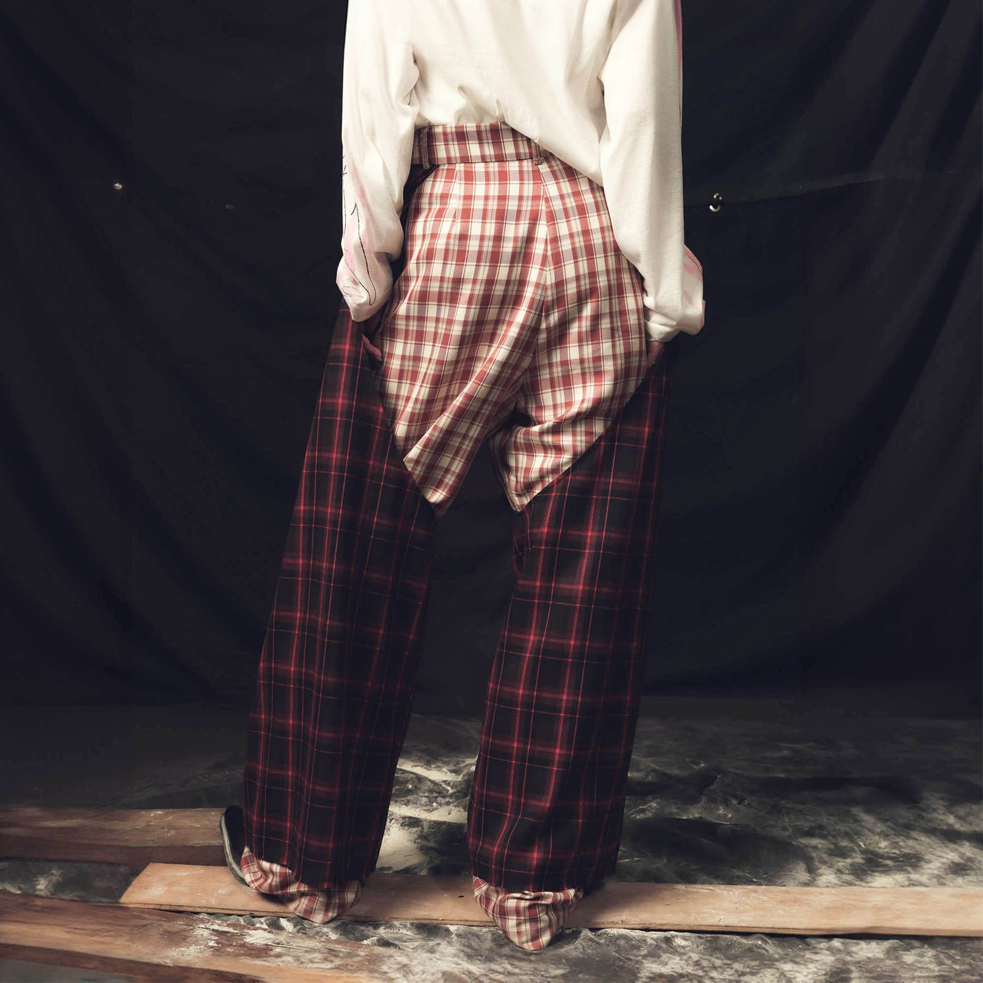 KADAKADA Double Layer Plaid Wide-Leg Pants