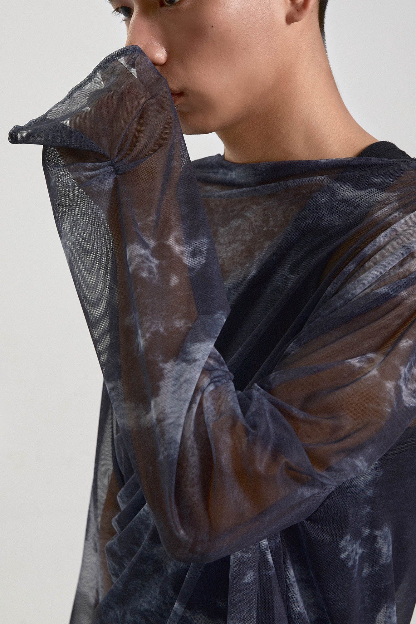 KADAKADA Tie-Dye Mesh Asymmetrical Sheer L/S Tee