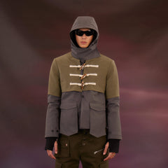KADAKADA Layered Horn Button Large Pocket Hooded Jacket