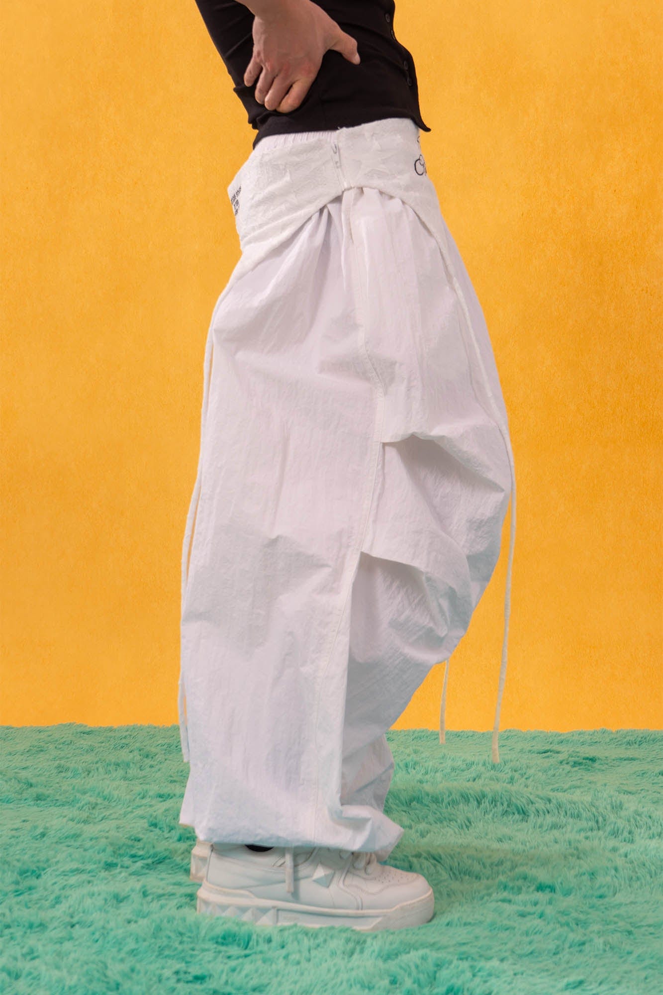 CLP Layered Crinkled Waist-Panel Parachute Pants