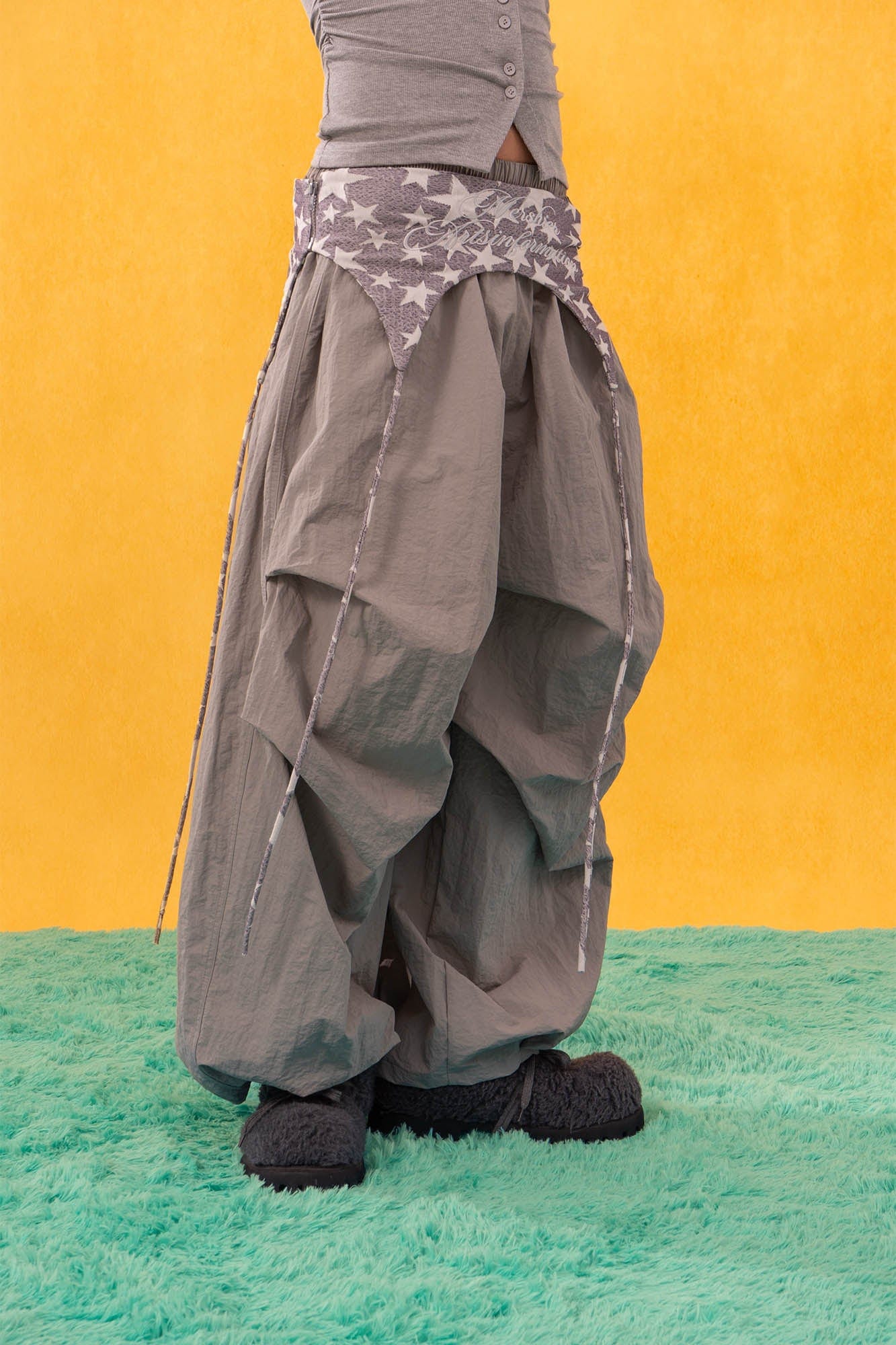 CLP Layered Crinkled Waist-Panel Parachute Pants