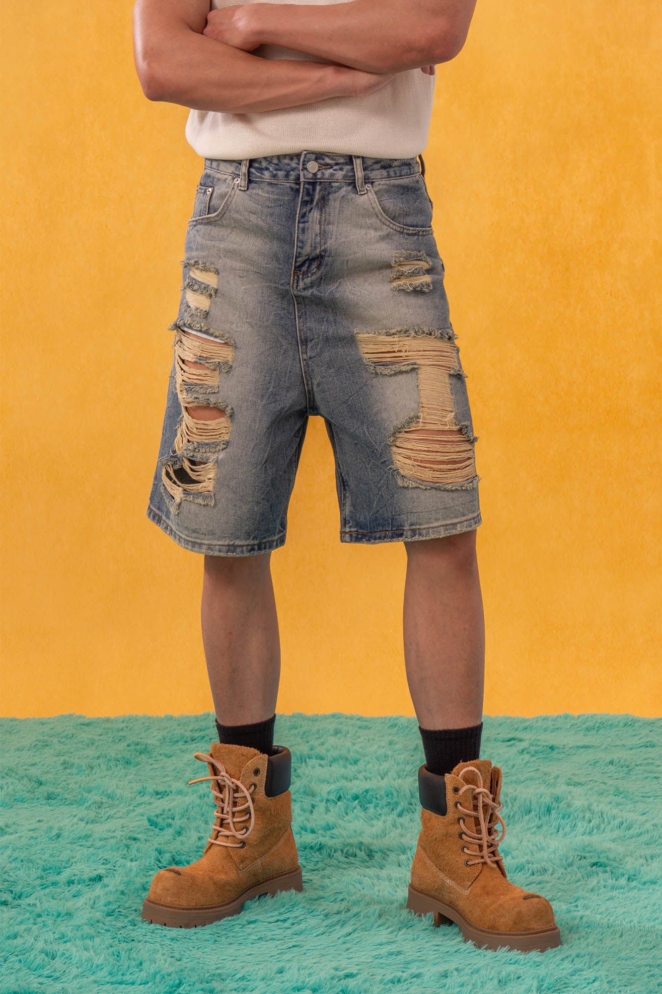 CLP Destroyed Frayed Washed Denim Shorts
