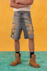 CLP Destroyed Frayed Washed Denim Shorts
