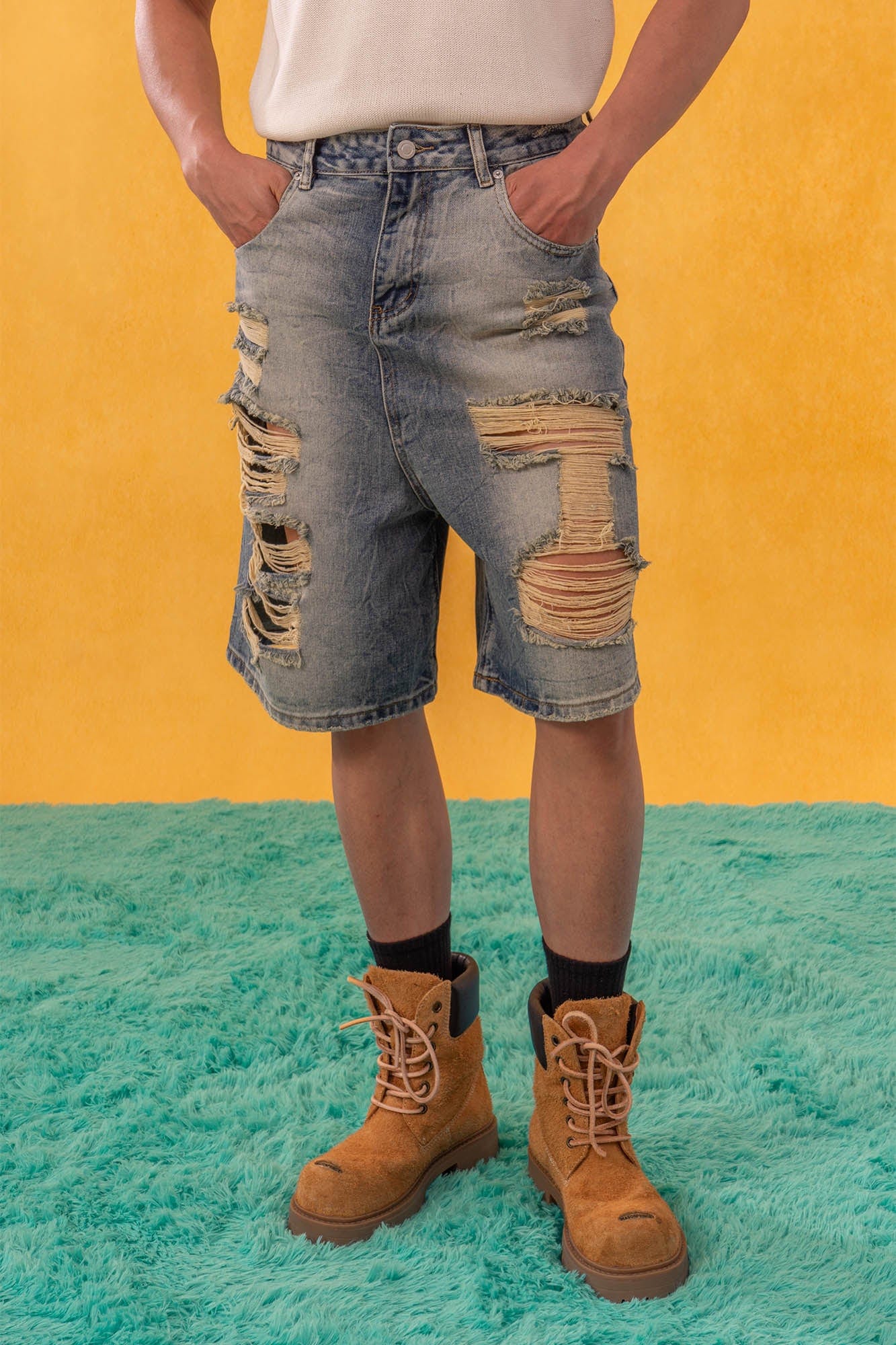 CLP Destroyed Frayed Washed Denim Shorts