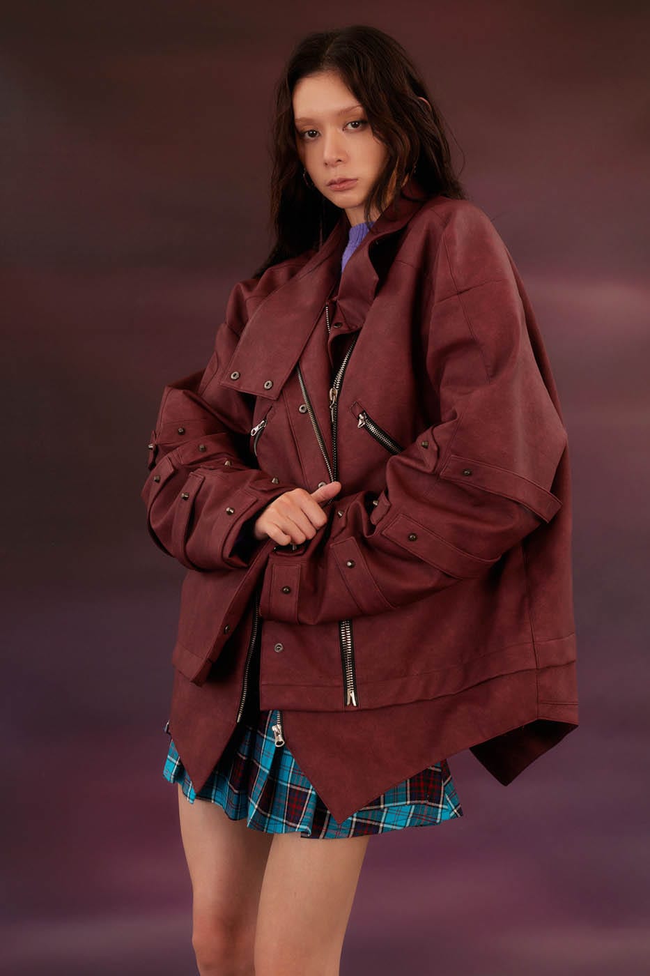 KADAKADA Swallowtail Rivet Zipper Faux Leather Jacket