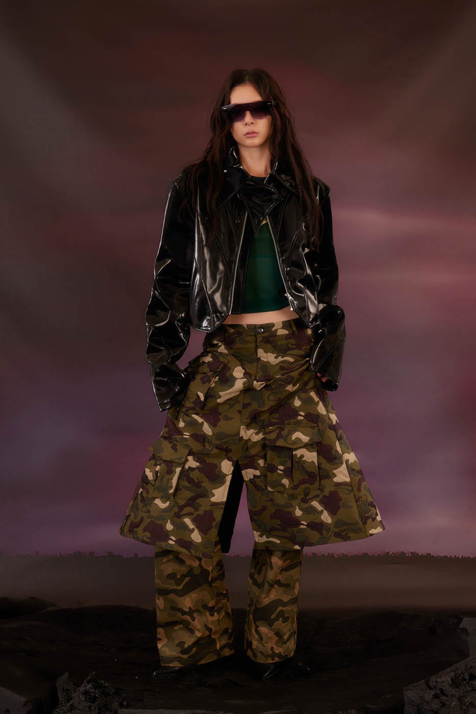 KADAKADA Dinosaur-Camo Embossed Multi-Pocket Skirt Pants
