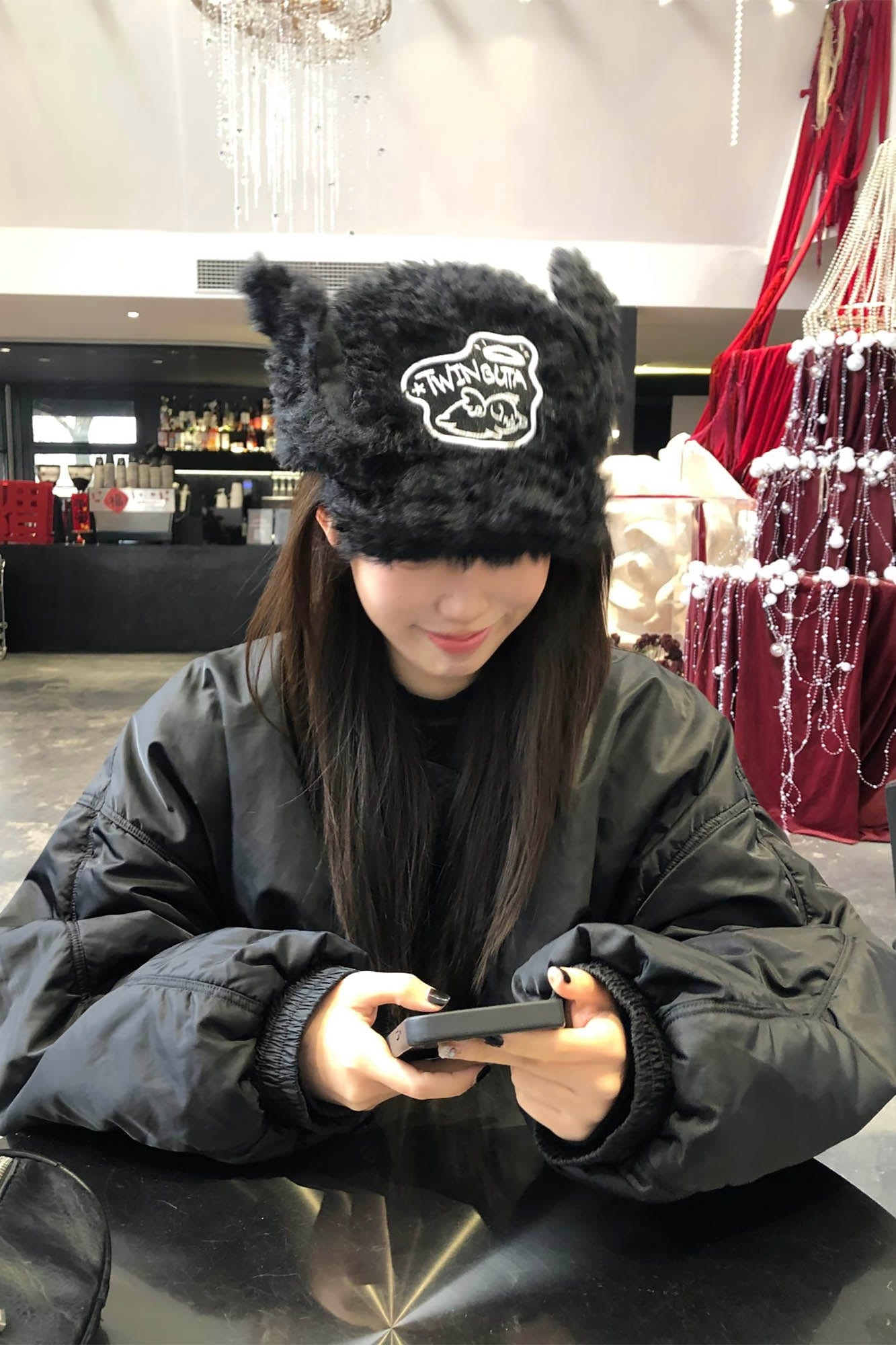 TWINBUTA Furry Ear Embroidered Cap Black